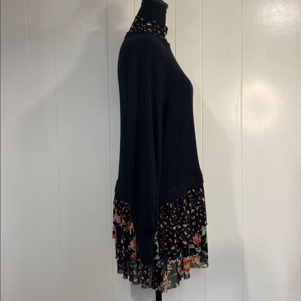 Free People Opposites Attract Mini Dress Black Waffle Top Floral Tiered Skirt XS